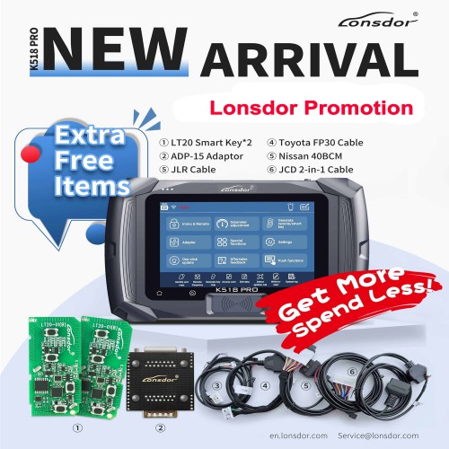 2024 Lonsdor K518 Pro Full Version All-In-One Key Programmer with Toyota FP30 Cable, Nissan 40 BCM Cable, JLR, ADP Adapter, JCD And LT20